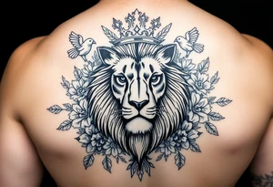 powerful majestic lion with a crown, surrounded by floral ornaments and birds tattoo idea