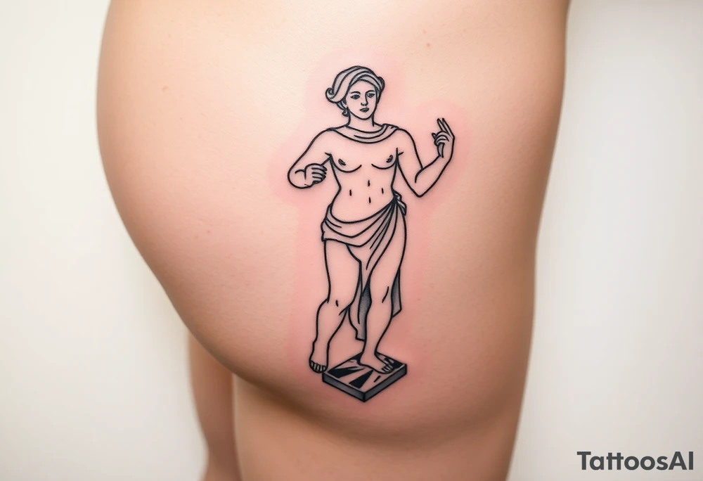 outer thigh tattoo greek sculpture female, fine line tattoo idea