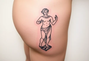outer thigh tattoo greek sculpture female, fine line tattoo idea