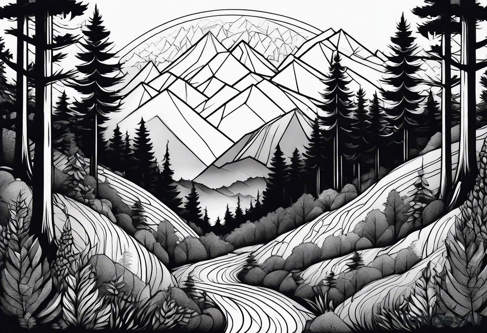 forest along the edges where there are fires below and in the distance with full trees tattoo idea