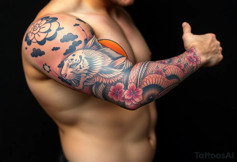 Full arm sleeve, koi fish, tiger, the sun, cherry blossom filler, beautiful tattoo idea