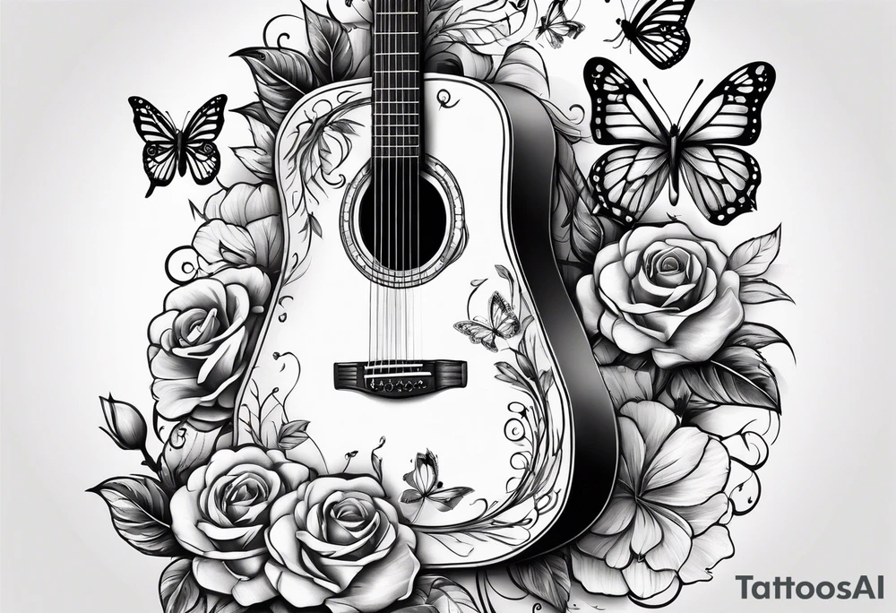 Acoustic guitar with roses and butterflies growing off the side tattoo idea