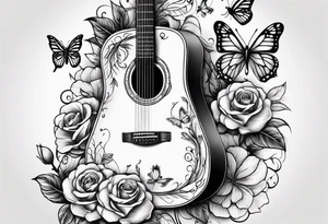 Acoustic guitar with roses and butterflies growing off the side tattoo idea