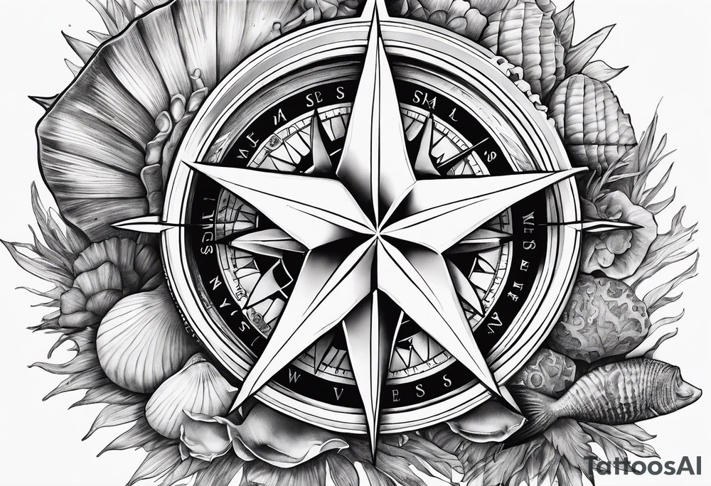 Compass, shells, shark teeth, starfish tattoo idea