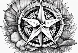 Compass, shells, shark teeth, starfish tattoo idea