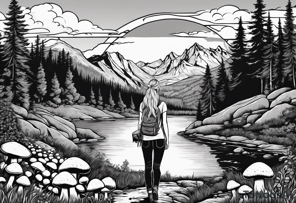 Whole picture encircled fully

Straight long blonde hair hippie girl in distance holding mushrooms in hand facing away toward mountains and creek surrounded by mushrooms long sleeve shirt and hiking pants; whole rendering within a full circle, no cut off circle tattoo idea