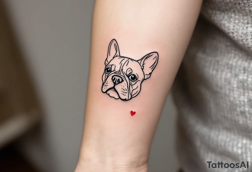 Minimalist line art of a French Bulldog’s face, with clean black lines and a small red heart near the nose. tattoo idea