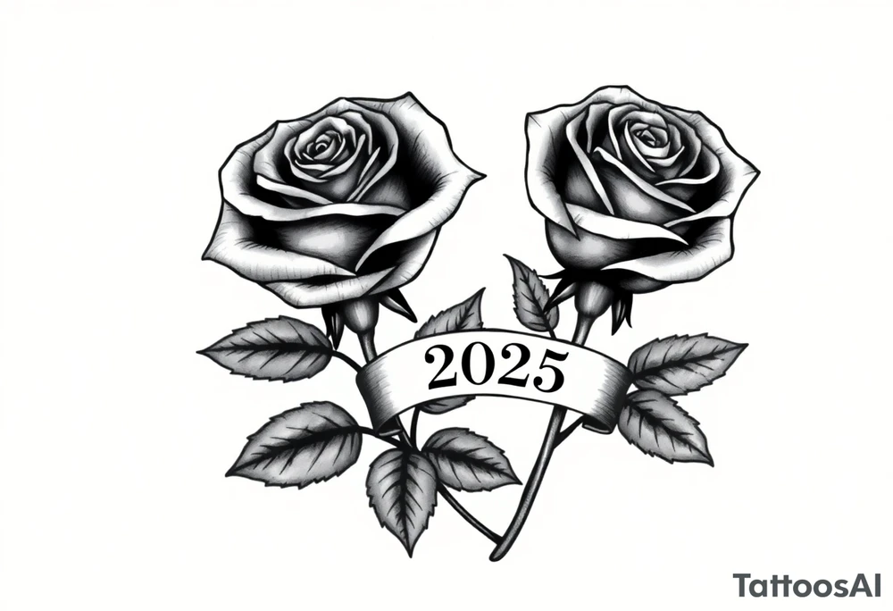 two beautiful large rose buds, one slightly larger than the other, with lots and lots of leaves next to the rose buds, with one sitting slightly higher than the other, side-by-side.  Include a banner connecting the two roses with the year 2025 on it.   Use dark outlines with little shading. Remove all stems from the roses. tattoo idea