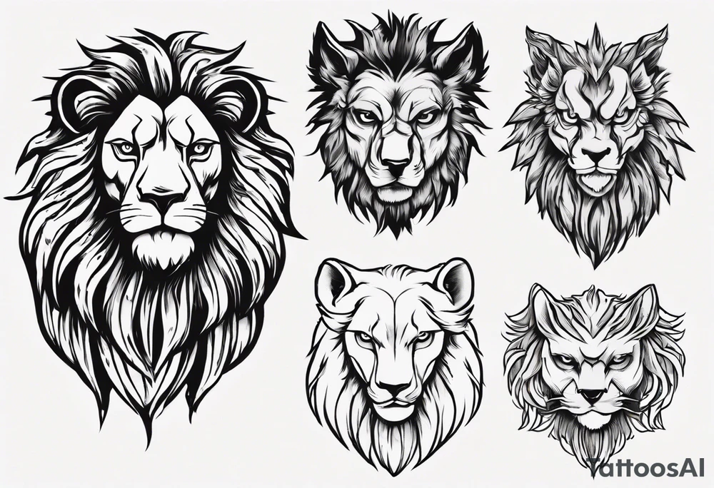 A lion looking forward, with a stern expression. Behind and to the left of the lion, is a wolf looking slightly to the left, with a stern expression. Behind and to the right of the lion, is an owl looking slightly to the right, with a stern expression. tattoo idea