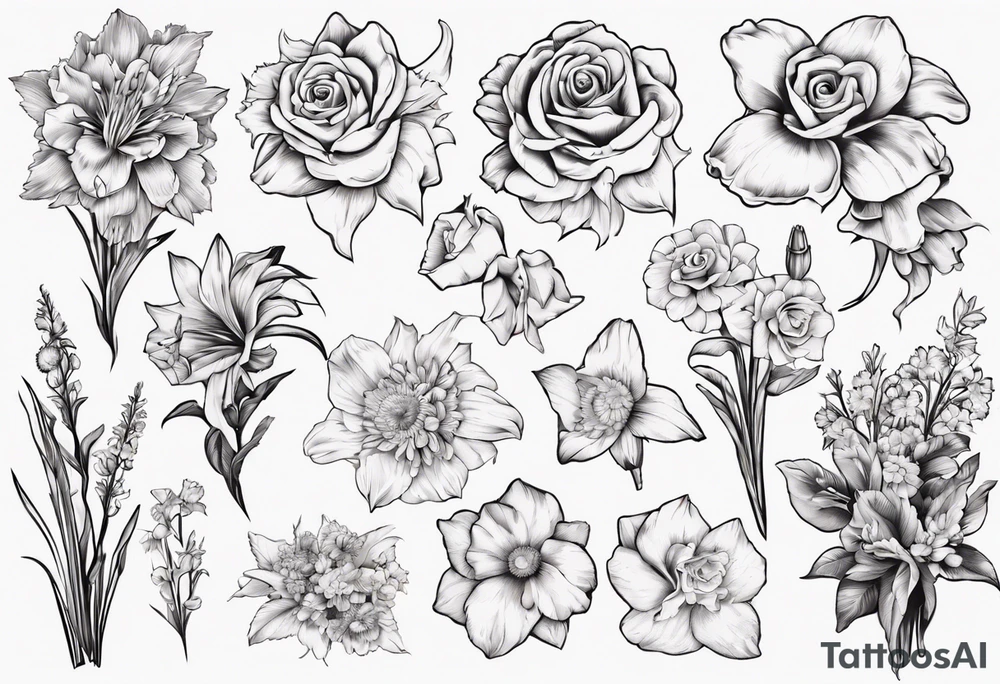 Flower bouquet with daffodil, rose, Larkspur, gladiolus, aster, marigold, chrysanthemum, narcissus tattoo idea