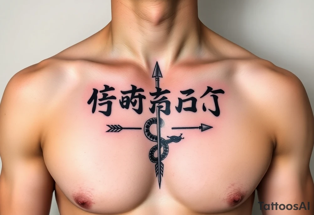 japanese text on chest with arrow and snake tattoo idea
