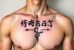 japanese text on chest with arrow and snake tattoo idea
