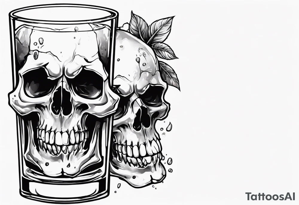 A smiling looking to the left scull inside the glass with alcohol and piece of lime tattoo idea