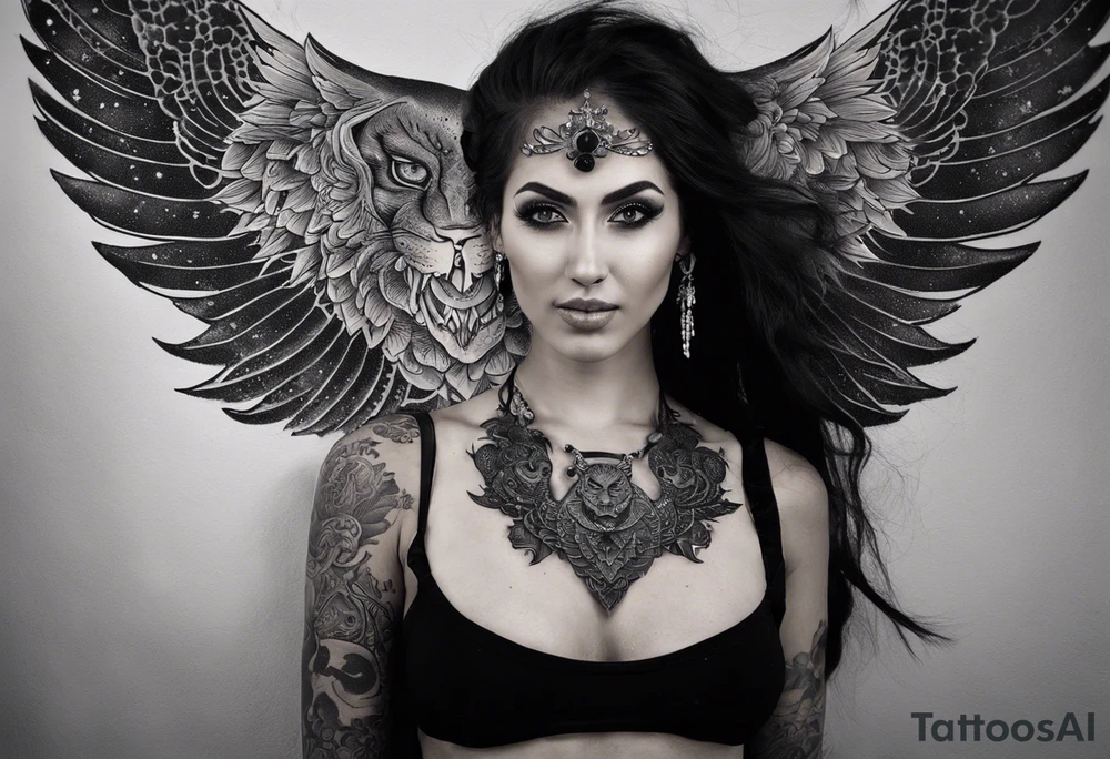black kali, goddess pirate, alien, angel, pachamama, valkrye, warrior, flying, skull, lotus azul, wing, eagle, zenza resonance, stars, 5D, anahata chakra, death, durga, riding on a tiger, flying lady, kundalini, chest tatoo, rebel tattoo idea