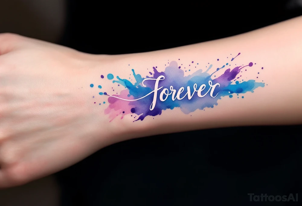 A watercolor-style "forever" in splashes of blue and purple, surrounded by paintbrush strokes. tattoo idea