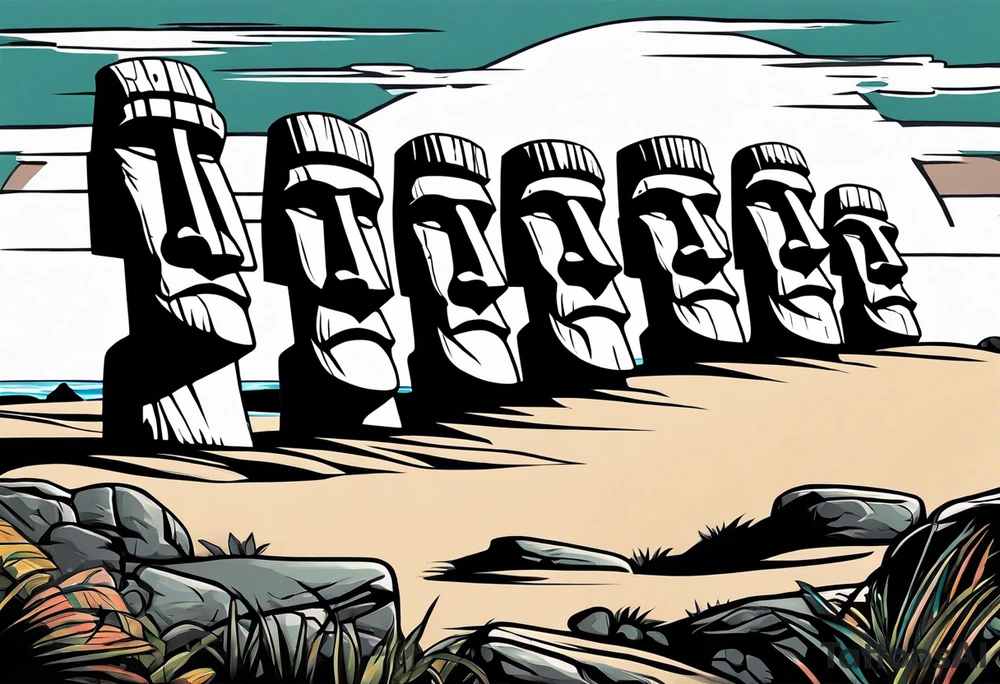 Four Easter island heads on an island landscape with hawks circling above tattoo idea