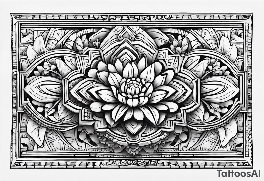 Create a masculine aztec tattoo design carved in stone featuring three flower buds of Gypsophila spp. tattoo idea