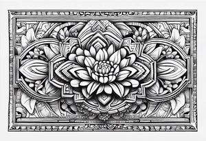 Create a masculine aztec tattoo design carved in stone featuring three flower buds of Gypsophila spp. tattoo idea