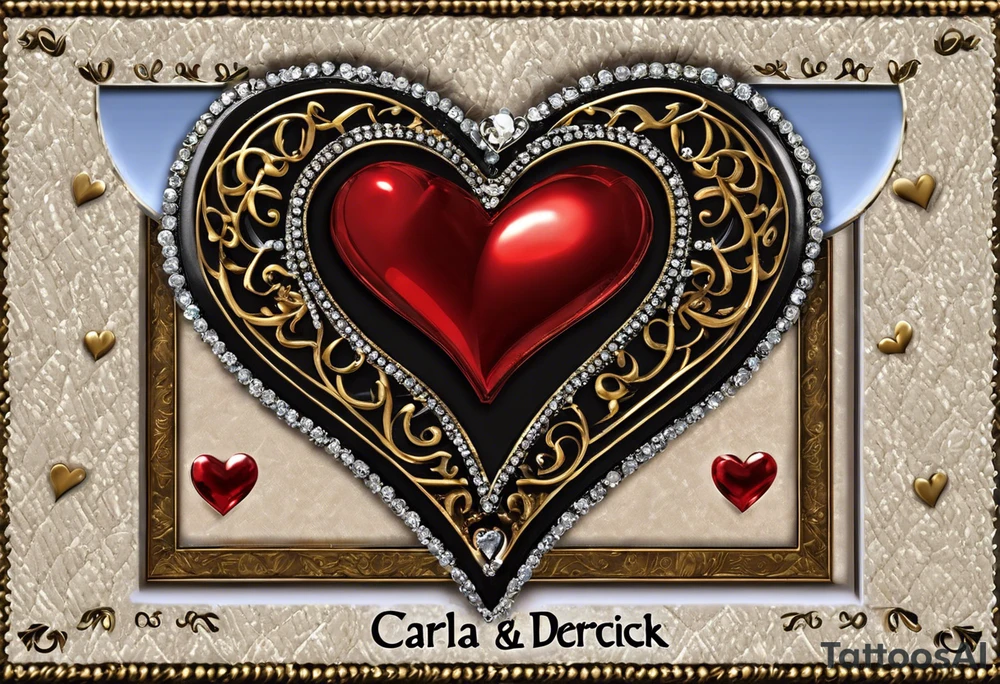 two hearts intertwined with the name Carla & Derrick above and the date 23.07.2011 below.  Inside one heart is Elias 08.03.2016 and inside the other 23.03.2021.  On the outside little embellishments with hearts, stars and dots tattoo idea