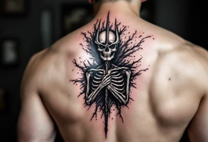 skeleton behind trident coming out of skin effect tattoo idea