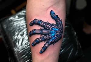 A hybrid hand revealing graphite-colored artificial tendons under realistic shaded skin, accented with electric-blue joints. tattoo idea