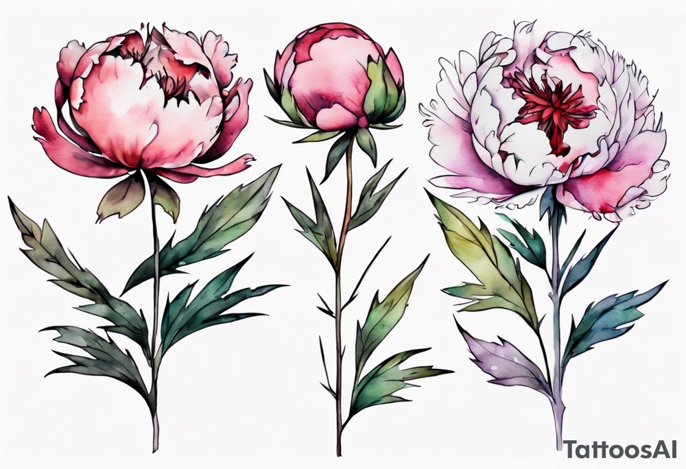 a watercolor peonies that is bleeding with thorns, simple, tall, one line tattoo idea