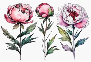 a watercolor peonies that is bleeding with thorns, simple, tall, one line tattoo idea