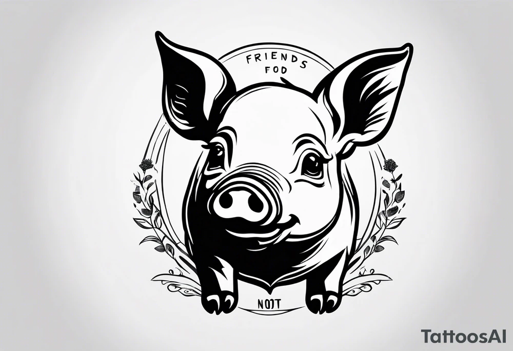 minimalist tattoo of a cute pig or piglet that contains text: "friends. not food" tattoo idea