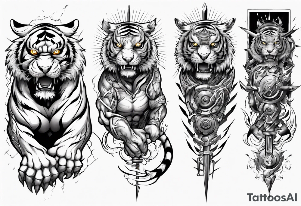 tiger warrior with lightning and the sun for a forearm sleeve tattoo idea