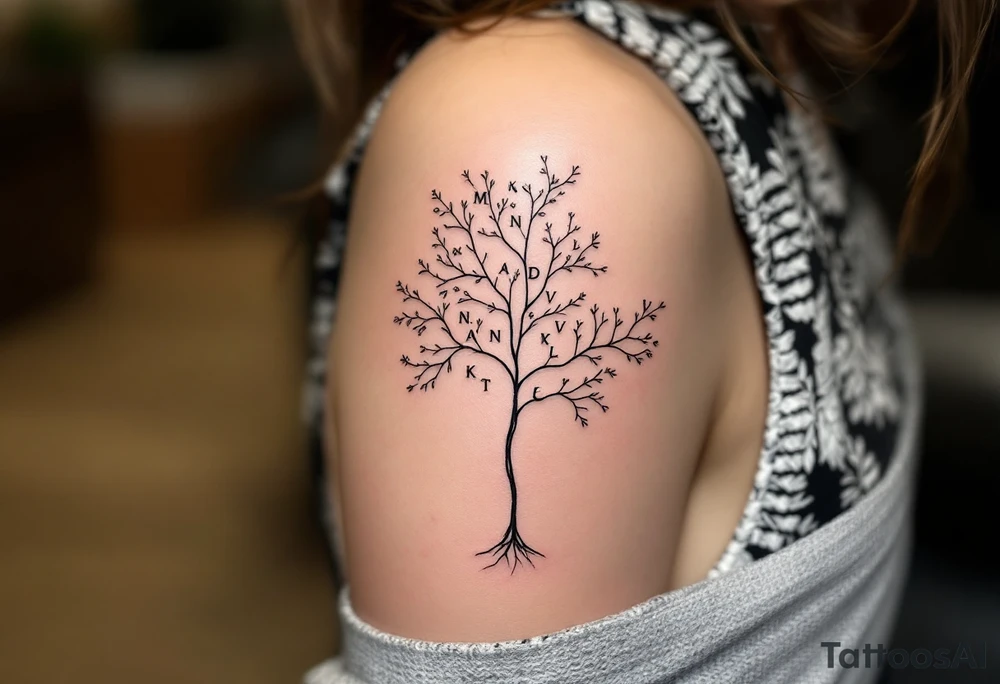 Minimalist Line Art Tree with Initials – A thin, elegant tree drawn in black fine line, with delicate branches all bearing initials "M, N, A, D, K, V, L, T" in subtle gray ink, rooted in a simple base. tattoo idea