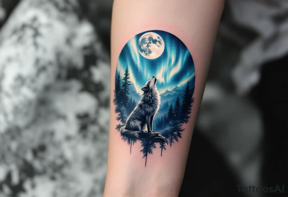 lone wolf howling at full moon with northern lights backdrop tattoo idea