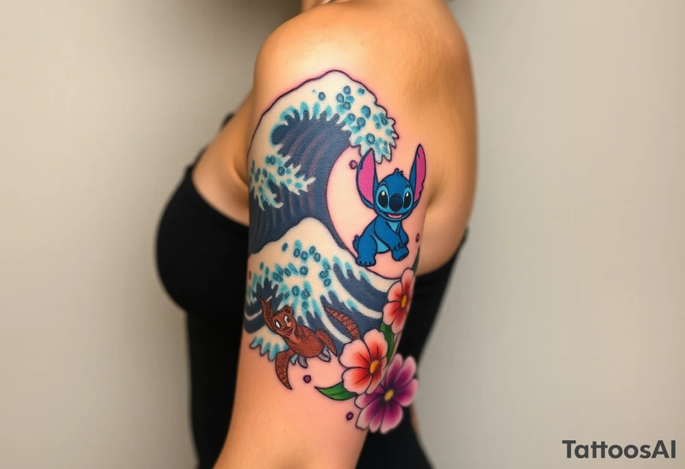 a half sleeve, right side on upper arm, incorporate waves, while adding lilo and stitch, as well as characters and items from moana, including moana, maui, heihei, pua, heart of tefiti. Making it kind of hawaiian themed, adding some turtles and characters lilo and stitch i want it colored tattoo idea
