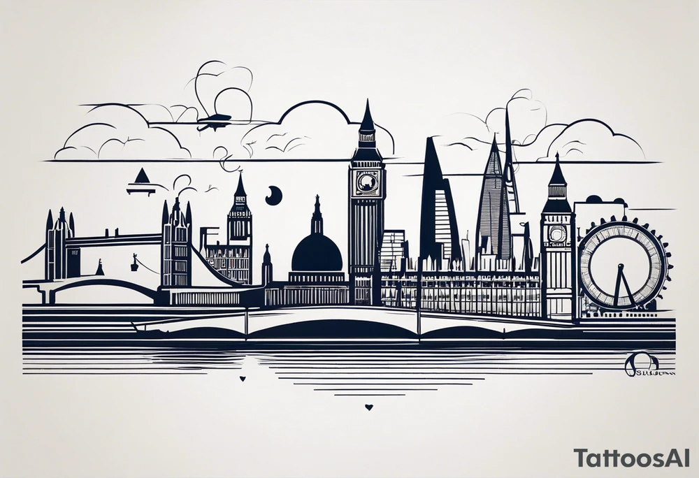 A minimalistic, abstract design capturing the architectural essence and vibe of London. Key elements of London’s skyline and structure are hinted at with clean lines, and subtle detailing includes personal touches, like a nod to Feid’s signature look (hat, glasses, mustache), integrated discreetly to honor a memorable concert experience. tattoo idea