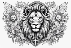 Full sleeve with Lion, cross, praying hands and angels. Incorporate the names Scarlett and Faith in the design tattoo idea
