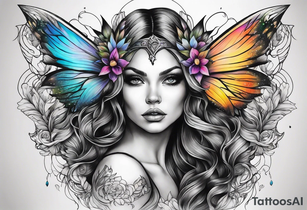 A fairy/witch with a Lot of collors, make It look mystic and really colorful tattoo idea