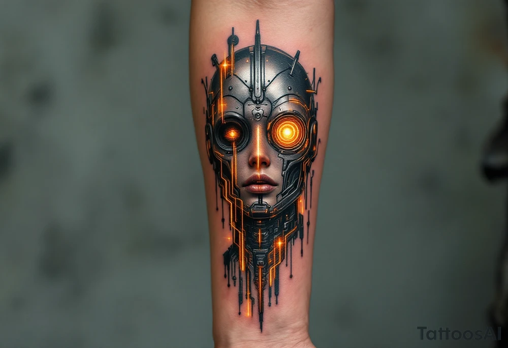 A half-human, half-android arm design in glossy gunmetal, lit from within by soft amber light trails tattoo idea