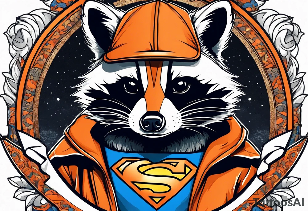 Raccoon wearing an orange Superman hoodie tattoo idea