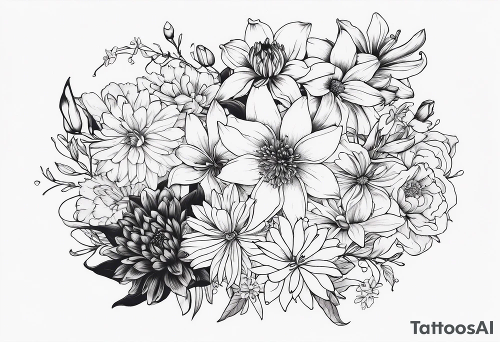 Lillies, roses, asters, chrysanthemums tattoo idea