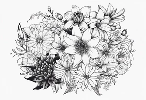 Lillies, roses, asters, chrysanthemums tattoo idea