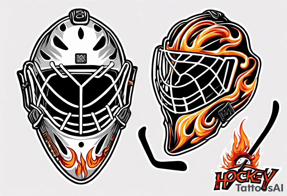 a goalie mask with crossed hockey sticks and flames saying "SHOT HOCKEY" tattoo idea