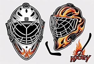 a goalie mask with crossed hockey sticks and flames saying "SHOT HOCKEY" tattoo idea