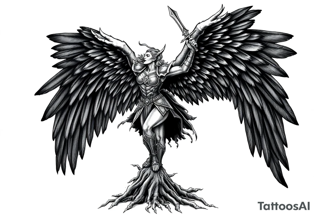 A fierce looking Valkyrie with very big dark wings. The whole body with legs should be visible.
She has armor.
She is flying towards the right, sword held high

She is screaming.
She is standing on roots tattoo idea