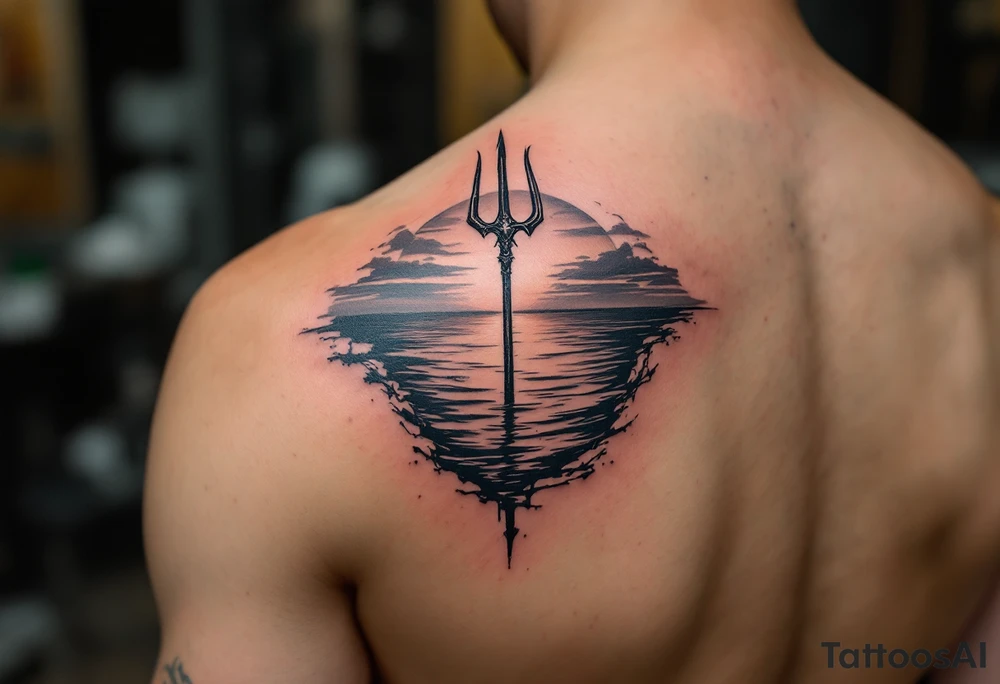 trident half way under calm water with sunset and mermaid tattoo idea