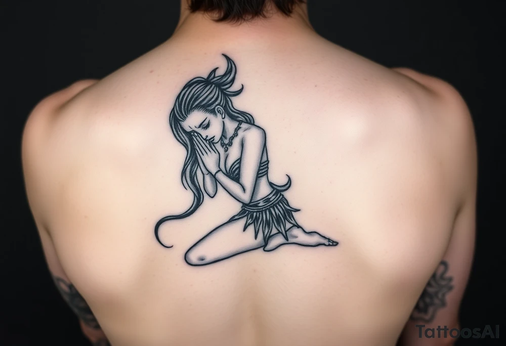 oni female in kneeled praying position, wearing revealing clothing tattoo idea
