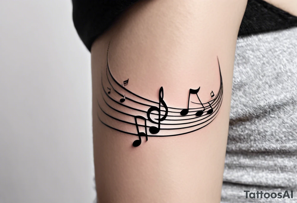 Simple minimalist tattoo in the style of single needle art depicting musical notes in the letters “l” and “r” tattoo idea