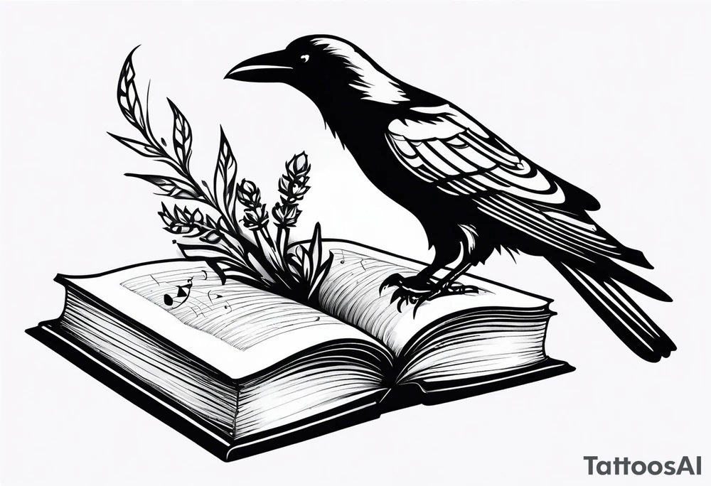an open book with a raven flying over, a pawn chess piece to the right, a single music note just above, a sprig of lavender on top of the book tattoo idea
