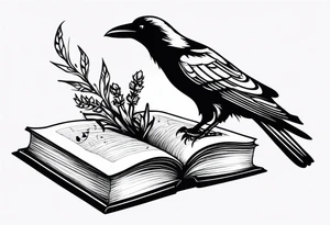 an open book with a raven flying over, a pawn chess piece to the right, a single music note just above, a sprig of lavender on top of the book tattoo idea