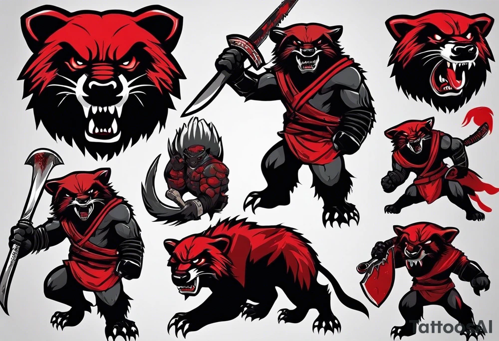 Draw me psychopath Fearless Honey Badger/Berserker with aggressive full body, killer face with a scary smile, very long nails and he attacks like a Bloody Assassin/Warrior/Gladiator to us and also, he has very deadly looking. He fights with his nails only. Everybody scares after their first sight. Give me horror type Badger Tattoo. I want to see his Realistic full body with no weapons. You can show destruction at the back. tattoo idea