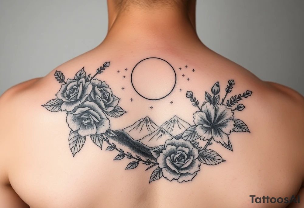 Unique artistic tattoo, with roses and wild flowers 
moon and stars mountains
Feminine tattoo idea