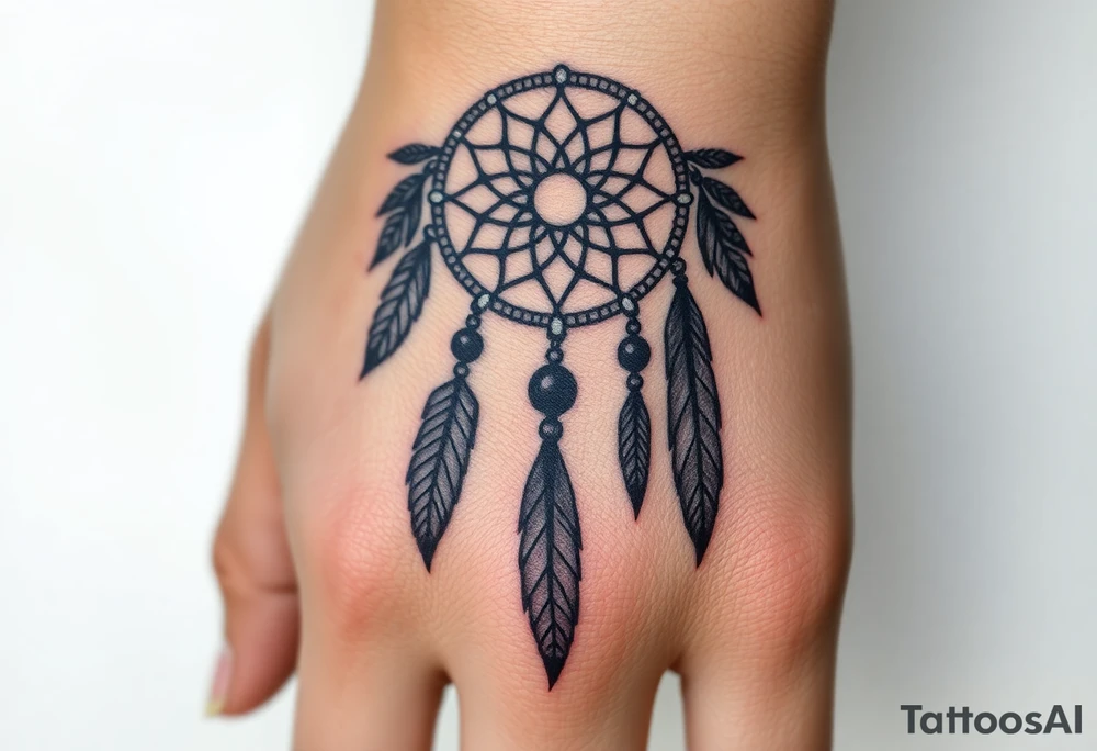 native dreamcatcher with flowing feathers and sacred beads tattoo idea